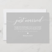 White Just Married Overlay Cursive Script Foto Aankondiging (Achterkant)