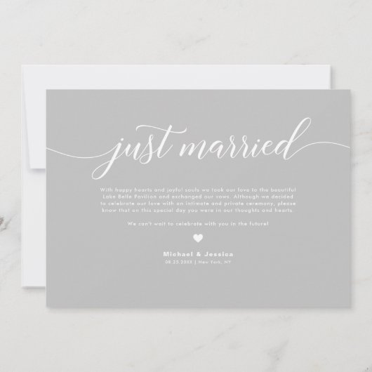 White Just Married Overlay Cursive Script Foto Aankondiging (Achterkant)
