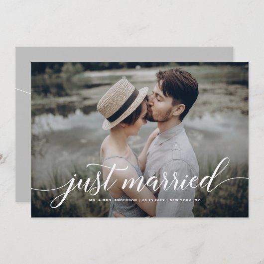 White Just Married Overlay Cursive Script Foto Aankondiging (Voorkant / Achterkant)