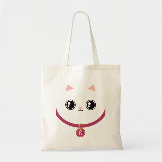 White Kawaii Kitty Cat Face Custom Name Monogram Tote Bag (Voorkant)