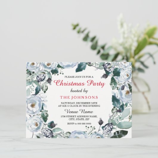 White Kerstmis Elegant Floral Xmas Party Invite Kaart (Staand voorkant)