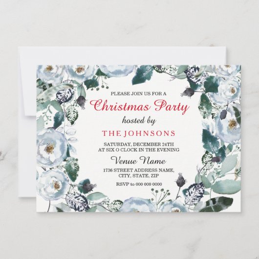 White Kerstmis Elegant Floral Xmas Party Invite Kaart (Voorkant)