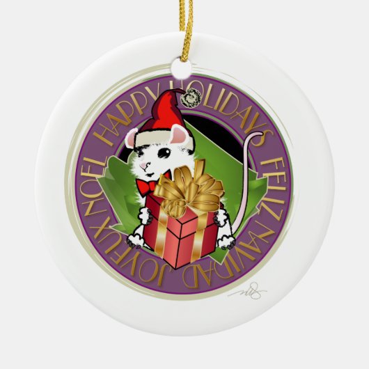 White Kerstmis Mouse Holiday Greep Keramisch Ornament (Voorkant)