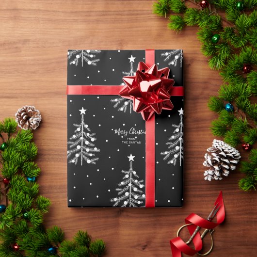 White Kersttree Patroon Aangepaste tekst zwart Cadeaupapier (Feestdagen Geschenken)