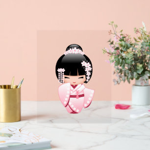 White Kimono Kokeshi Doll - Cute Geisha Girl Acryl Bord