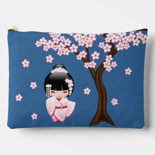 White Kimono Kokeshi Doll Cute Geisha Girl Blue Etui (Voorkant)