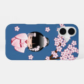 White Kimono Kokeshi Doll - Cute Geisha Girl Blue iPhone 16 Hoesje (Achterkant horizontaal)