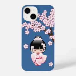 White Kimono Kokeshi Doll - Cute Geisha Girl Blue iPhone 14 Hoesje