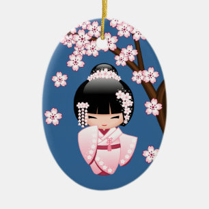 White Kimono Kokeshi Doll - Cute Geisha Girl Blue Keramisch Ornament