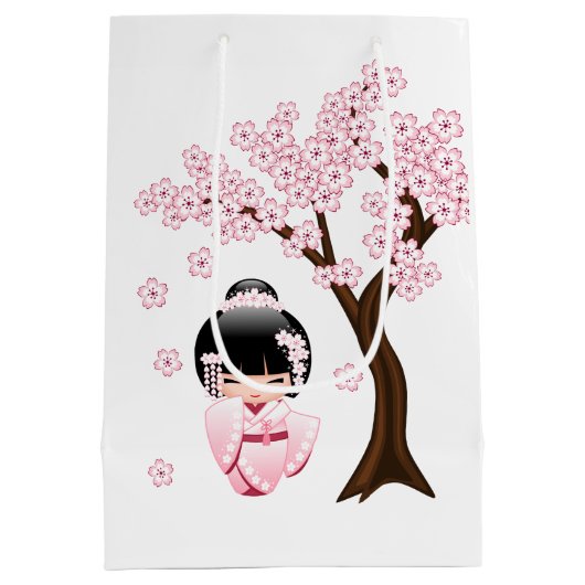 White Kimono Kokeshi Doll Cute Geisha Girl Blue Medium Cadeauzakje (Achterkant)