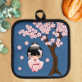 White Kimono Kokeshi Doll - Cute Geisha Girl Blue Pannenlap