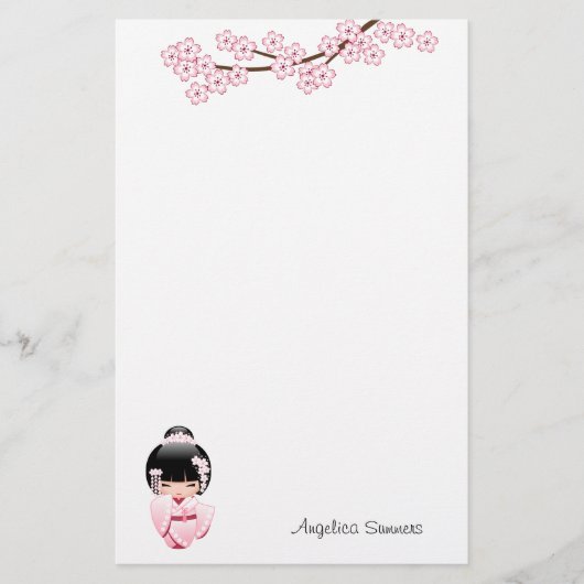 White Kimono Kokeshi Doll - Cute Geisha Girl Briefpapier (Voorkant)