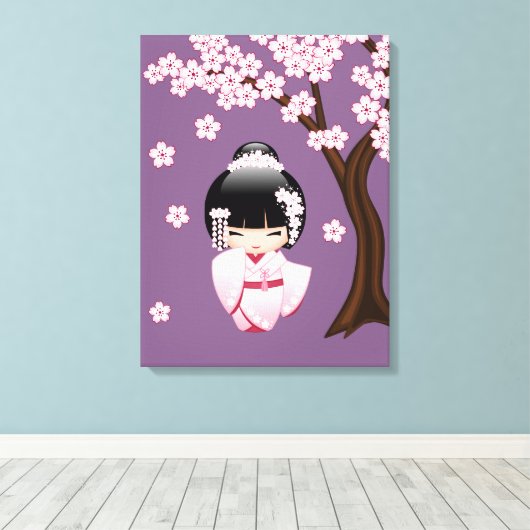 White Kimono Kokeshi Doll - Cute Geisha Girl Canvas Afdruk (Insitu (Houten vloer))