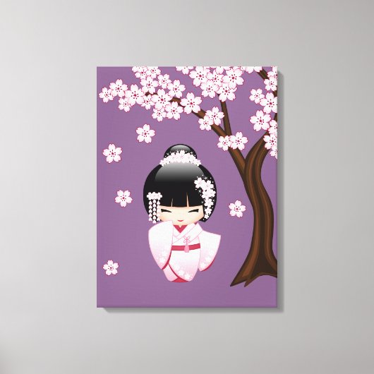 White Kimono Kokeshi Doll - Cute Geisha Girl Canvas Afdruk (Voorkant)