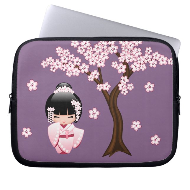 White Kimono Kokeshi Doll - Cute Geisha Girl Laptop Sleeve (Voorkant)