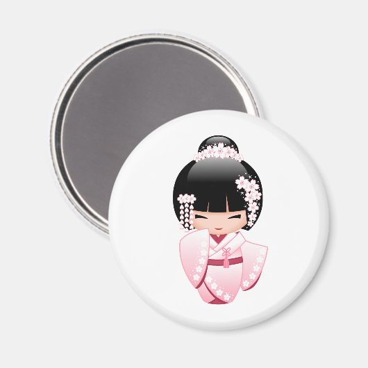White Kimono Kokeshi Doll - Cute Geisha Girl Magneet (Voorkant / Achterkant)