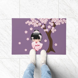 White Kimono Kokeshi Doll Cute Geisha Girl Paars Deurmat