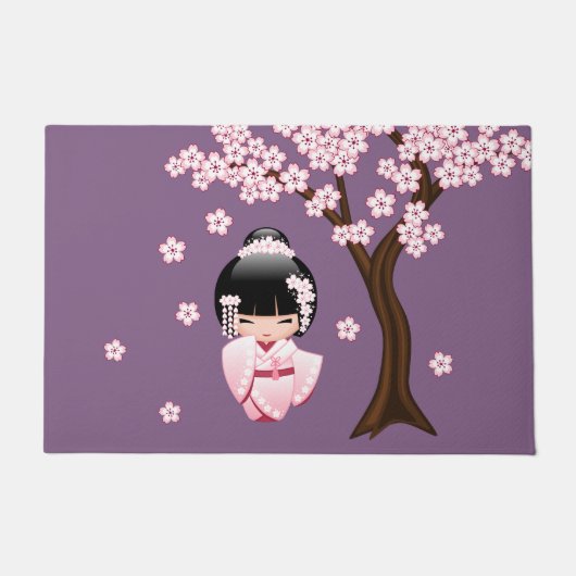 White Kimono Kokeshi Doll Cute Geisha Girl Paars Deurmat (Voorkant)