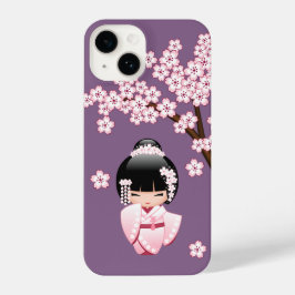White Kimono Kokeshi Doll Cute Geisha Girl Paars iPhone 14 Hoesje