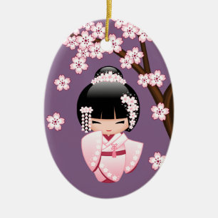 White Kimono Kokeshi Doll Cute Geisha Girl Paars Keramisch Ornament