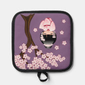 White Kimono Kokeshi Doll Cute Geisha Girl Paars Pannenlap (Voorkant)