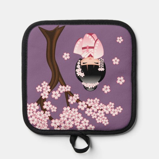 White Kimono Kokeshi Doll Cute Geisha Girl Paars Pannenlap (Voorkant)