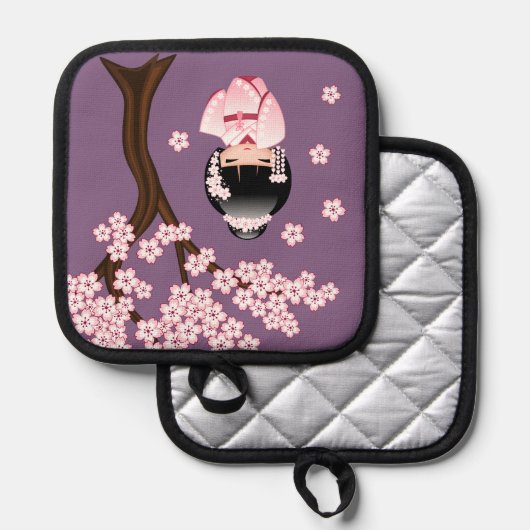 White Kimono Kokeshi Doll Cute Geisha Girl Paars Pannenlap (Voorkant / Achterkant)