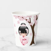 White Kimono Kokeshi Doll - Cute Geisha Girl Papieren Bekers (Achterkant)