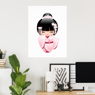White Kimono Kokeshi Doll - Cute Geisha Girl Poster