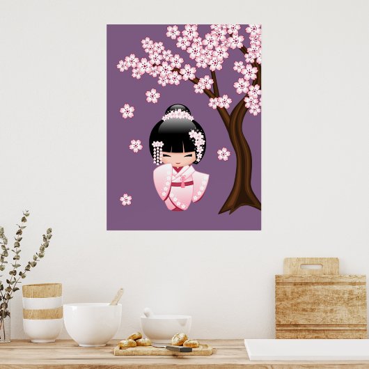 White Kimono Kokeshi Doll - Cute Geisha Girl Poster (Keuken)