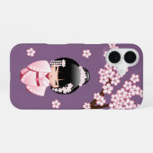White Kimono Kokeshi Doll Cute Geisha Girl Purple iPhone 16 Hoesje (Achterkant horizontaal)