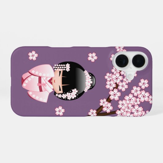 White Kimono Kokeshi Doll Cute Geisha Girl Purple iPhone 16 Hoesje (Achterkant horizontaal)