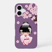 White Kimono Kokeshi Doll Cute Geisha Girl Purple iPhone 16 Hoesje (Achterkant)