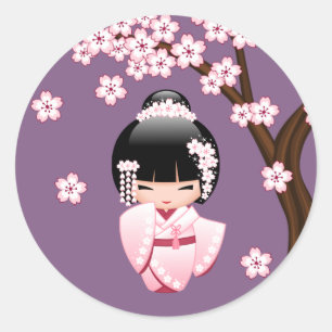 White Kimono Kokeshi Doll - Cute Geisha Girl Ronde Sticker