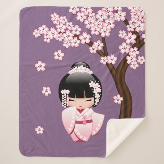 White Kimono Kokeshi Doll - Cute Geisha Girl Sherpa Deken (Voorkant)