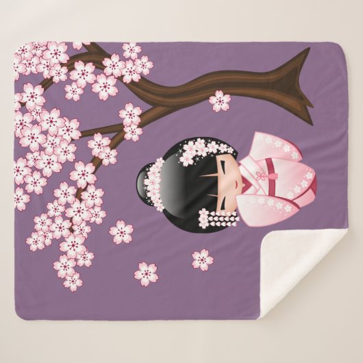 White Kimono Kokeshi Doll - Cute Geisha Girl Sherpa Deken (Voorkant (horizontaal))