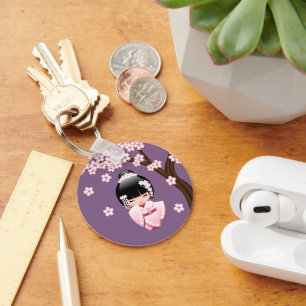 White Kimono Kokeshi Doll - Cute Geisha Girl Sleutelhanger