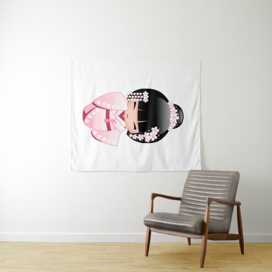 White Kimono Kokeshi Doll - Cute Geisha Girl Wandkleed (In Situ (horizontaal))