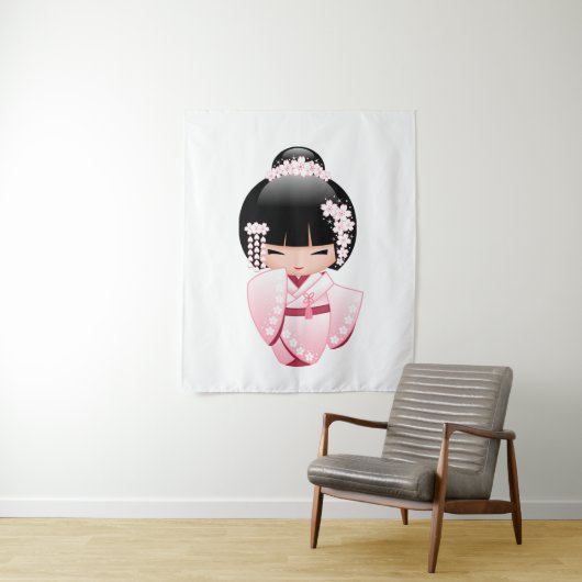 White Kimono Kokeshi Doll - Cute Geisha Girl Wandkleed (In situ)