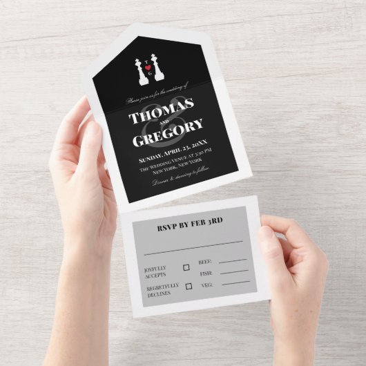 White King Chess Pineersels Gay Wedding All In One Uitnodiging (Afscheurbaar)