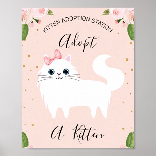 White Kitten Adoption Station Birthday Party Sign Poster (Voorkant)