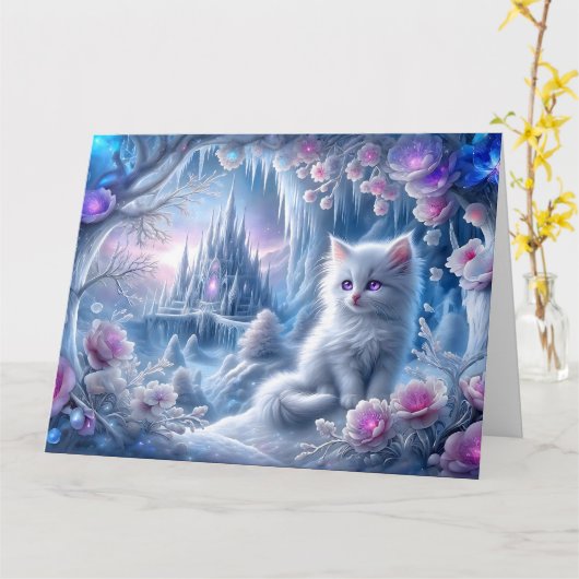 White Kitten beroemd gemaakt door Fantasy Ice King Kaart (Gele Bloem)