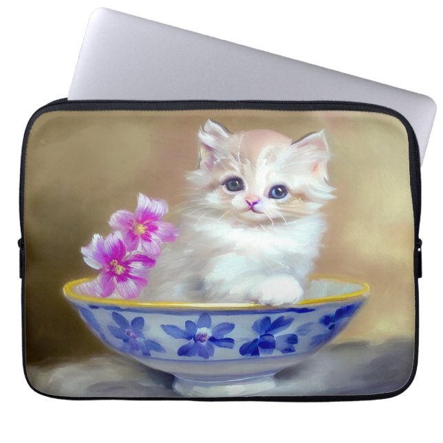  White Kitten Illustratie Laptop Sleeve (Voorkant)
