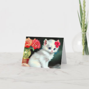  White Kitten Illustratie met Red Flowers