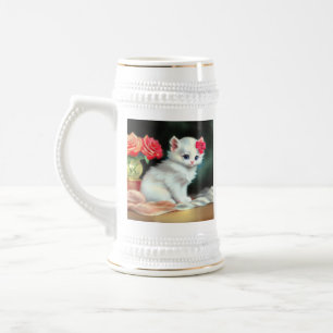  White Kitten Illustratie met Red Flowers Bierpul