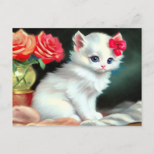 White Kitten Illustratie met Red Flowers Briefkaart
