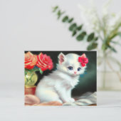  White Kitten Illustratie met Red Flowers Briefkaart (Staand voorkant)