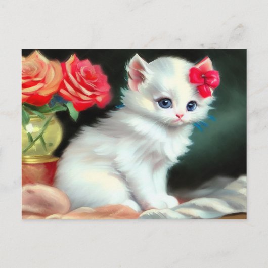  White Kitten Illustratie met Red Flowers Briefkaart (Voorkant)