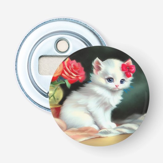  White Kitten Illustratie met Red Flowers Button Flesopener (Voorkant)