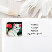  White Kitten Illustratie met Red Flowers Etiket (Insitu)